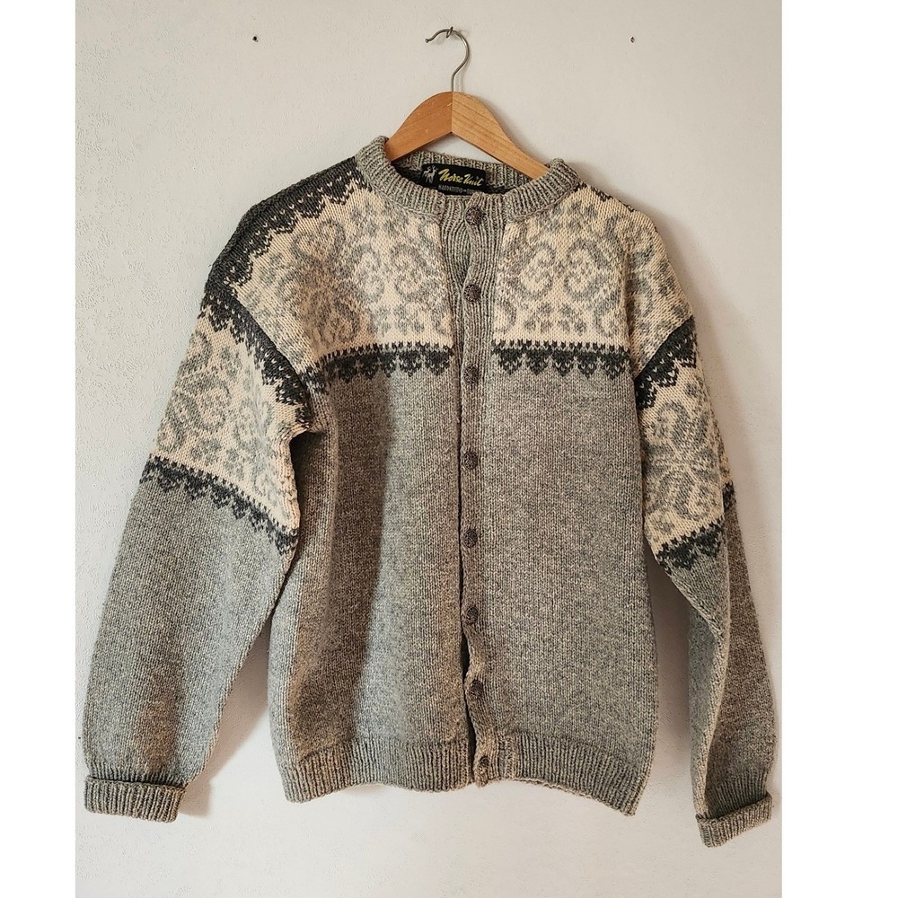 Vintage Norse Knit Norway Wool Cardigan Sweater Nordic Fair Isle Grey Mens L